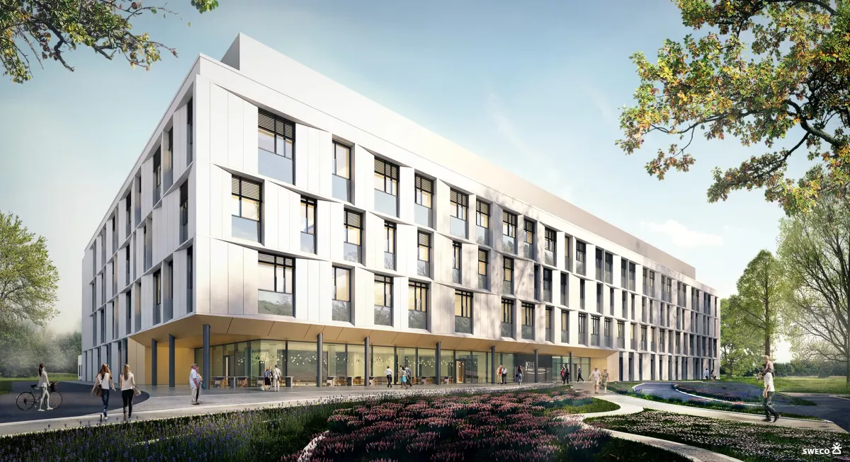 Eine Visualisierung des Klinikums Robert Koch mit heller moderner Fassade umgeben von Rasen und Blumenflächen von der Firma Sweco GmbH