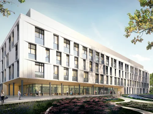 Eine Visualisierung des Klinikums Robert Koch mit heller moderner Fassade umgeben von Rasen und Blumenflächen von der Firma Sweco GmbH